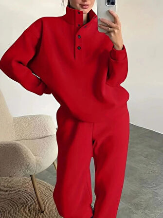 Kadın Uzun Kollu Balıkçı Dik Yakalı Düğmeli üç Iplik Bluz Ve Pantolon Ikili Takım