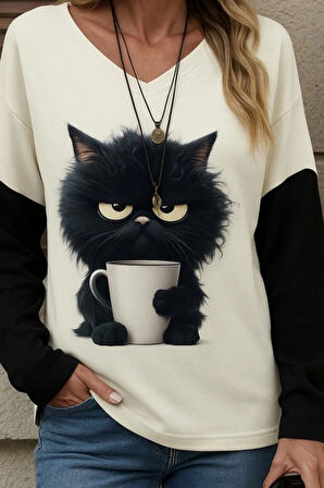 Kadın Uzun Kollu V Yakalı Kedi Baskılı şardonlu Dalgıç Bluz