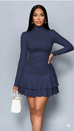 Kadın Uzun Kollu Balıkçı Yaka Mini Fırfırlı Sandy Elbise