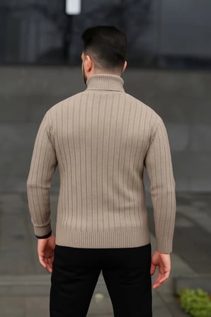 Erkek Balıkcı Yaka Bağazlı Triko Kazak Pamuklu Kalın Fitilli Dokuma, Regular Fit Uzun Kollu Kışlık Model - Bej