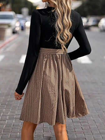 Kadın Uzun Kollu Yuvarlak Yaka üst Viskon Alt Süprem Midi Elbise