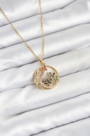 316L Çelik Zincir Gold Renk Zirkon Taşlı Kelebekli Kadın Kolye