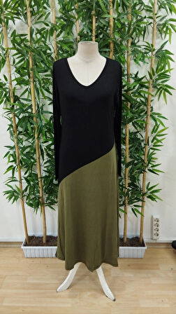 Kadın Uzun Kollu V Yakalı Blok Desenli Viskon Elbise