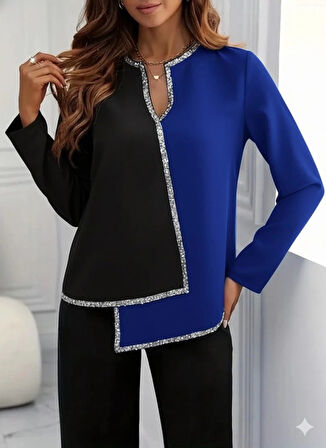 Kadın Uzun Kollu V Yakalı Pul Payet Işlemeli Ithal Krep Bluz