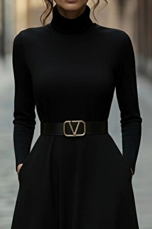 Kadın Uzun Kollu Balıkçı Yaka Uzun Akrilik Elbise