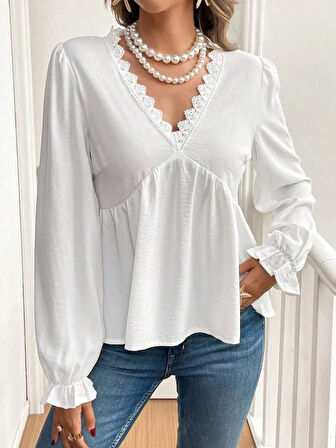 Kadın Uzun Kollu V Dantel Yaka Aerobin Bluz