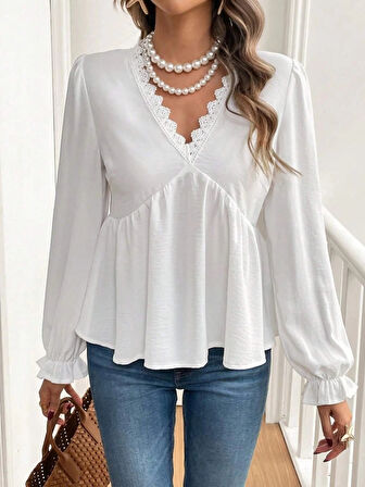Kadın Uzun Kollu V Dantel Yaka Aerobin Bluz