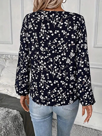 Kadın Uzun Kollu V Yakalı çiçek Desenli Modal Bluz