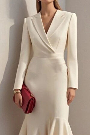 Kadın Uzun Kollu Yakalı Belden Oturtmalı Midi Ithal Krep Elbise