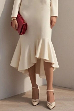 Kadın Uzun Kollu Yakalı Belden Oturtmalı Midi Ithal Krep Elbise