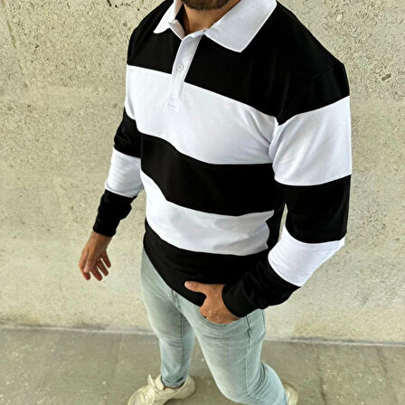 Erkek Polo Yaka Uzun Kollu Çizgili Sweatshirt Trend Rugby Stil - Siyah