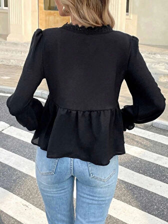 Kadın Uzun Kollu V Dantel Yaka Aerobin Bluz