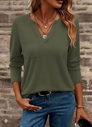 Kadın Uzun Kollu Cepli V Yakalı Viskon Iki Iplik Bluz