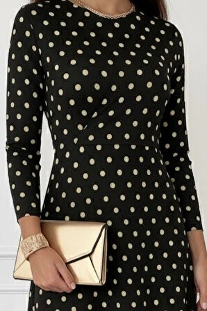 Kadın Uzun Kollu Bisiklet Yaka Puantiyeli örme Krep Midi Elbise