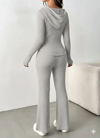 Kadın Uzun Kollu Kapşonlu önden Fermuarlı Kaşkorse Bluz Ve Pantolon Ikili Takım
