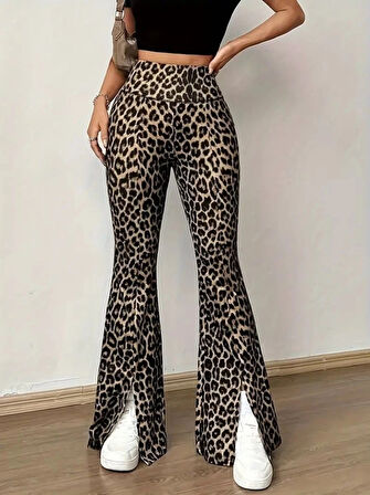 Kadın Yüksek Bel Leopar Desenli Yırtmaçlı Dalgıç Tayt