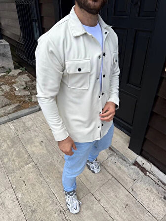 Erkek Diagonal Kumaş Cepli Çıtçıtlı Uzun Kollu, Gömlek Oversize Rahat Kalıp Günlük Şık Stil - Beyaz