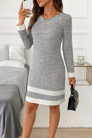 Kadın Uzun Kollu Yuvarlak Yaka Etek Ucu şerit Detaylı Mini Dokuma Elbise