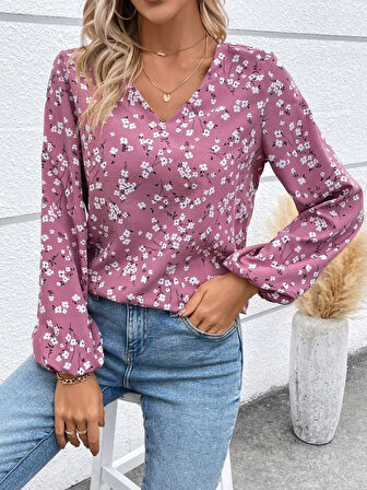 Kadın Uzun Kollu V Yakalı çiçek Desenli Modal Bluz