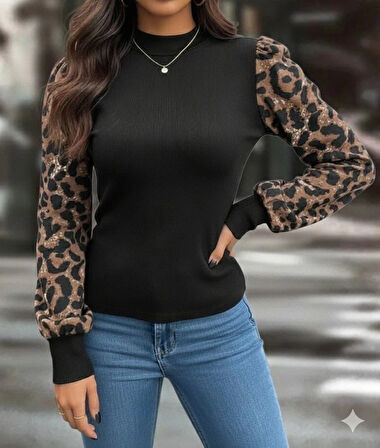Kadın Uzun Kollu Yarı Balıkçı Yaka Leopar Detaylı Kaşkorse Bluz