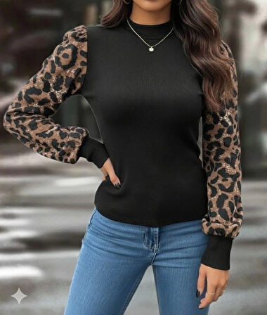 Kadın Uzun Kollu Yarı Balıkçı Yaka Leopar Detaylı Kaşkorse Bluz