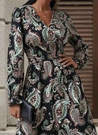 Kadın Uzun Kollu Kruvaze Yaka Beli Lastikli Uzun Desenli Maxi Elbise
