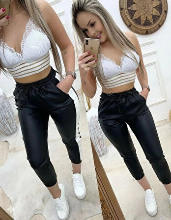 Kadın Yüksek Bel Lastikli Yan şerit Detaylı Deri Pantolon