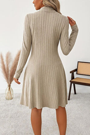 Kadın Uzun Kollu önden Fermuarlı Pileli şardonlu Kaşkorse Mini Elbise