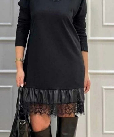 Kadın Uzun Kollu Bisiklet Yaka Etek Ucu Deri Dantelli Viskon Iki Iplik Midi Elbise