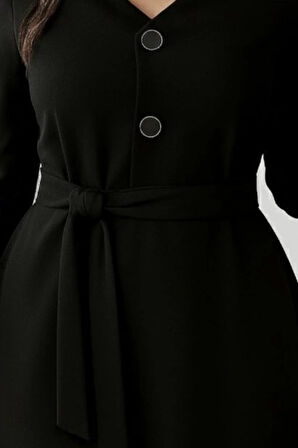 Kadın Uzun Kollu Düğme Detaylı Kendinden Kemerli Ithal Krep Elbise