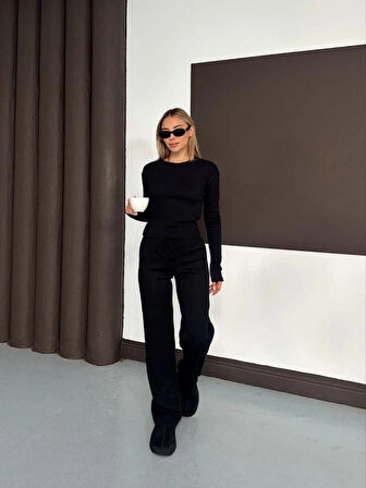 Kadın Bisiklet Yaka Parmak Geçme Detay Uzun Kollu Bluz Ve Pantolon Ikili Takım