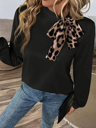 Kadın Uzun Kollu Yakadan Bağlamalı Viskon Iki Iplik Bluz