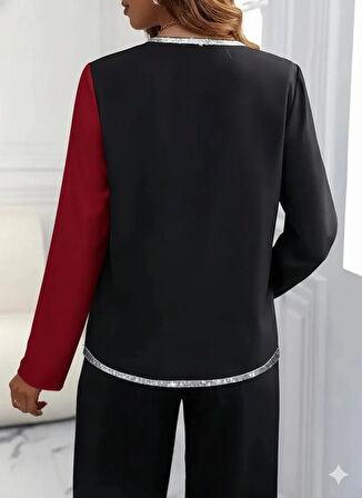 Kadın Uzun Kollu V Yakalı Pul Payet Işlemeli Ithal Krep Bluz