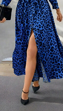 Kadın Uzun Kollu Yakalı Belden Kuşaklı Leopar Desenli Modal Uzun Elbise