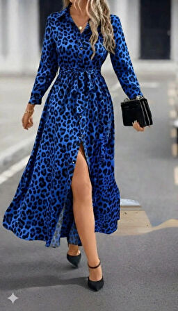 Kadın Uzun Kollu Yakalı Belden Kuşaklı Leopar Desenli Modal Uzun Elbise