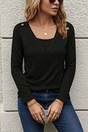 Kadın Uzun Kollu V Yaka Düğme Detaylı Yumoş Bluz