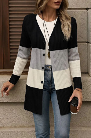 Kadın Uzun Kollu çok Renkli önden Düğmeli Uzun Ceket