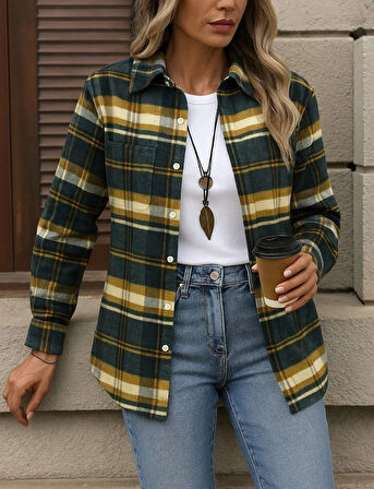 Kadın Uzun Kollu Kare Desenli önden Düğmeli Dokuma Gömlek