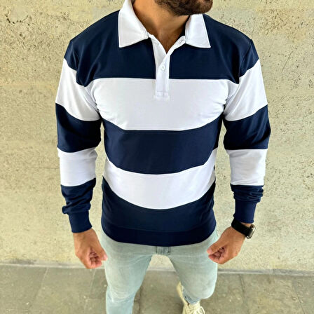 Erkek Polo Yaka Uzun Kollu Çizgili Sweatshirt Trend Rugby Stil - Lacivert