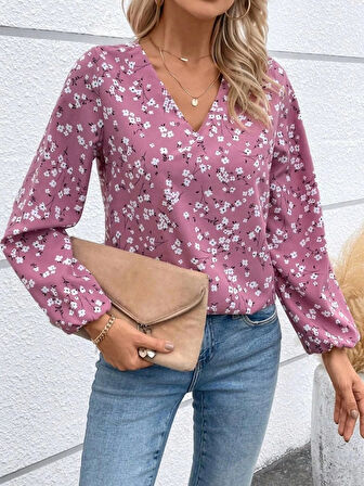 Kadın Uzun Kollu V Yakalı çiçek Desenli Modal Bluz