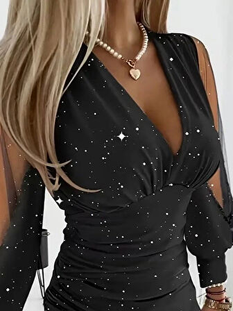 Kadın Uzun Kollu V Yakalısim Detaylı Mini Sandy Elbise