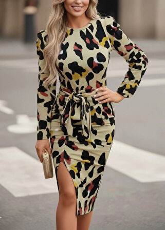 Kadın Uzun Kollu Yuvarlak Yaka Belden Kuşaklı önden Yırtmaçlı örme Krep Elbise