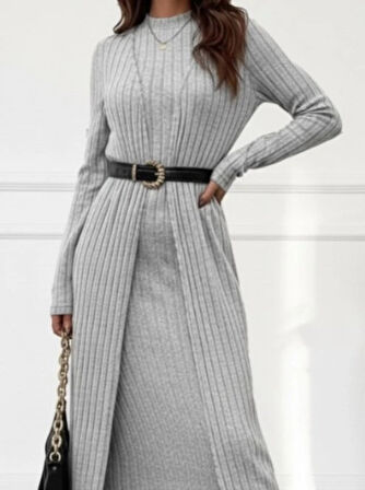 Kadın Uzun Kollu Yarı Balıkçı Yaka şardonlu Kaşkorse Elbise Ve Uzun Hırka Ikili Takım