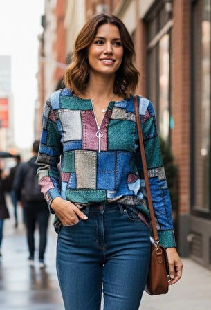 Kadın Uzun Kollu Yakadan Fermuarlı Kot Görünüm Desenli Uzun Modal Bluz