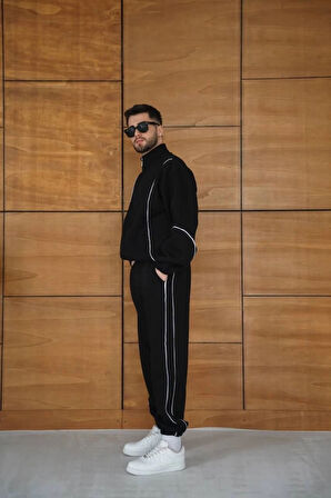 Erkek Premium Parçalı Eşofman Takım - Dik Yaka Fermuarlı Biyeli Sweatshirt Lastik Paça Alt, Oversize 3 Iplik Şardonlu - Siyah