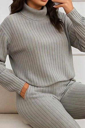 Kadın Uzun Kollu Balıkçı Yaka şardonlu Bluz Ve Pantolon Ikili Takım