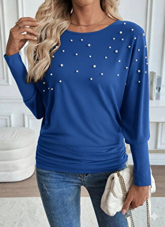 Kadın Uzun Kollu Yuvarlak Yaka Incili Viskon Bluz