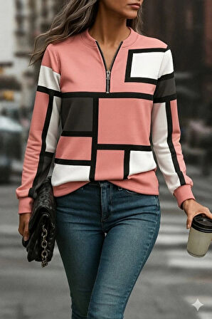 Kadın Uzun Kollu Yakadan Fermuarlı Desenli şardonlu Dalgıç Bluz