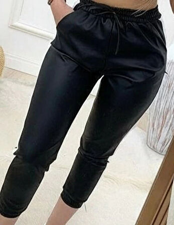 Kadın Yüksek Bel Lastikli Yan şerit Detaylı Deri Pantolon