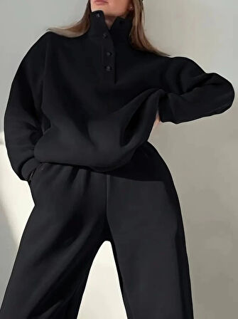 Kadın Uzun Kollu Balıkçı Dik Yakalı Düğmeli üç Iplik Bluz Ve Pantolon Ikili Takım